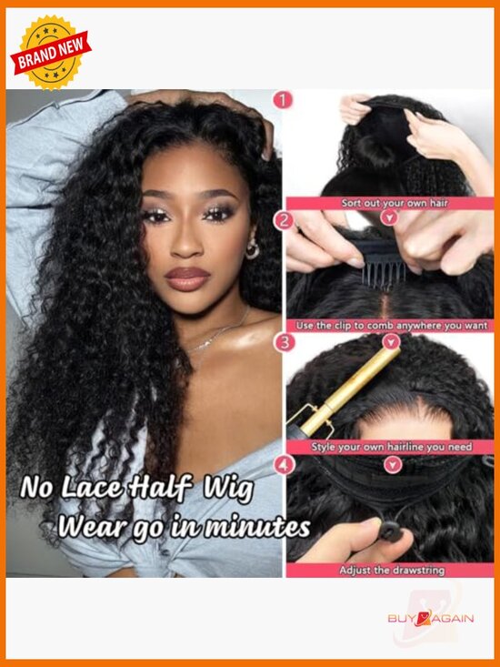 Deep Wave Half Wig Human Hair 20 Inch 180 Density Drawstring Glueless Wear Go main image 6